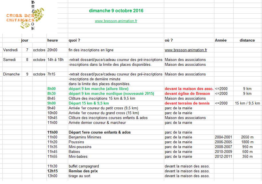 Cross des châtaignes 2016 Programme