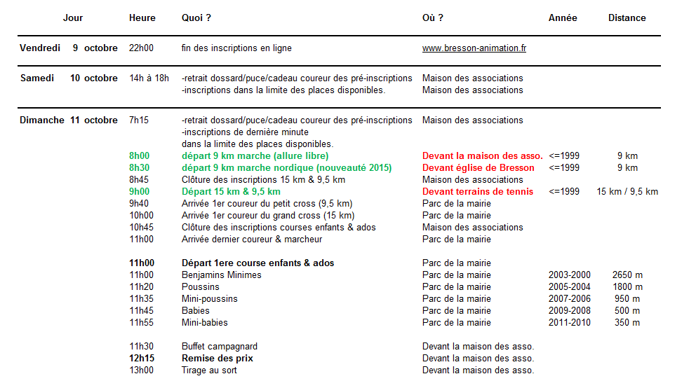 Cross des châtaignes 2015 Programme