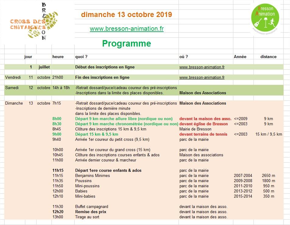 Cross des châtaignes 2019 Programme