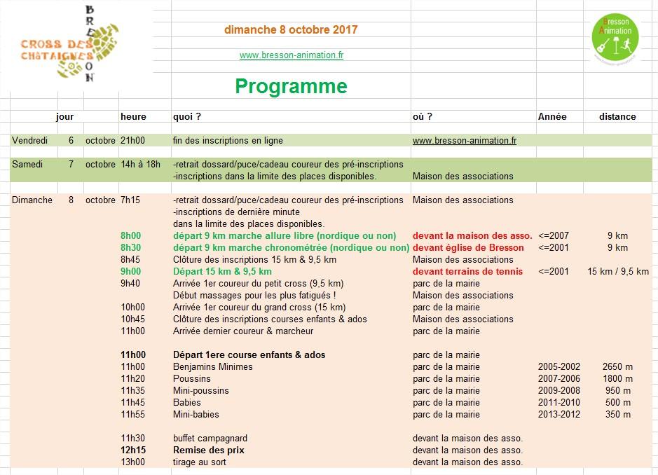 Cross des châtaignes 2017, 40ième édition Programme